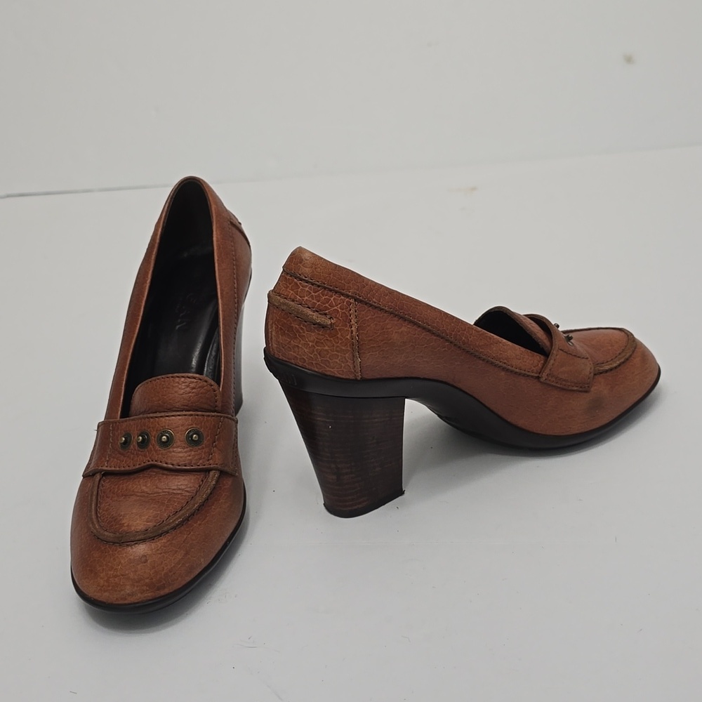 Hogan Made In Italy Women's Leather Loafer Block Heels Brown Size EU 39